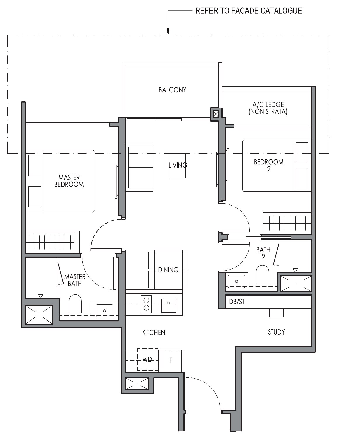 2 Bedroom + Study Type B2S floor plan — 667 sqft