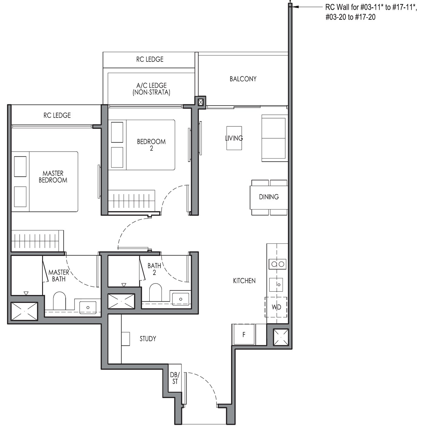 2 Bedroom + Study Type B3S floor plan — 710 sqft
