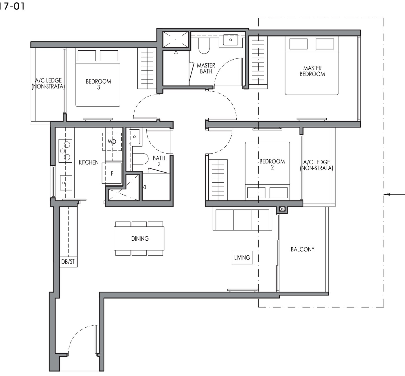 3 Bedroom Type C3a floor plan — 904 sqft
