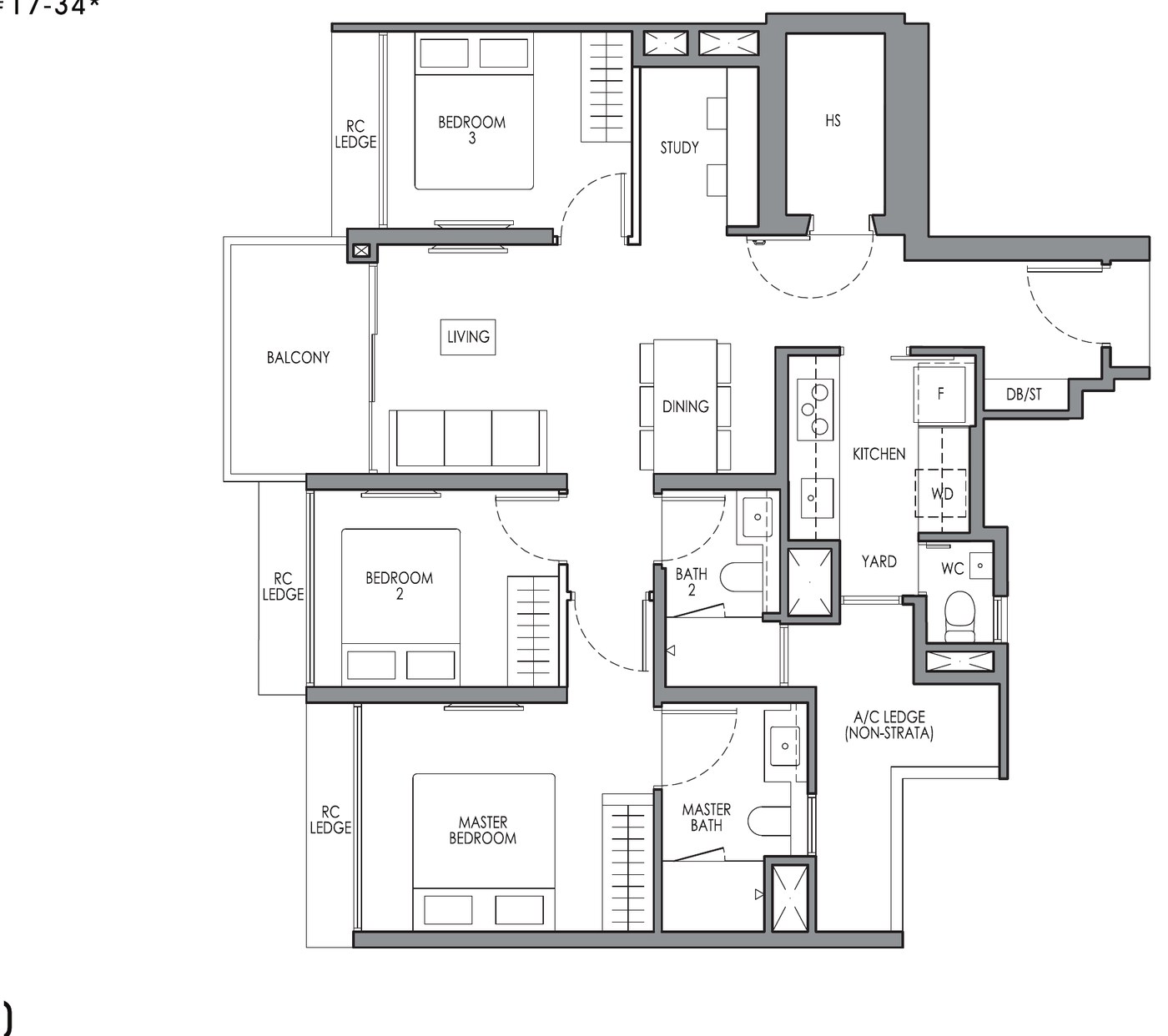 3 Bedroom Premium + Study Type CP1S floor plan — 947 sqft