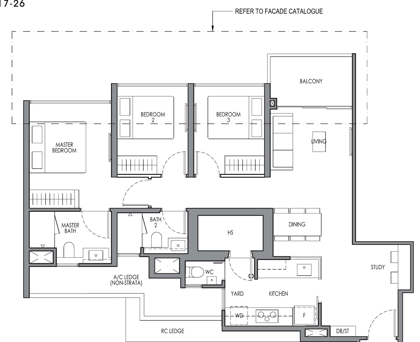 3 Bedroom Premium + Study Type CP2S floor plan — 1,001 sqft