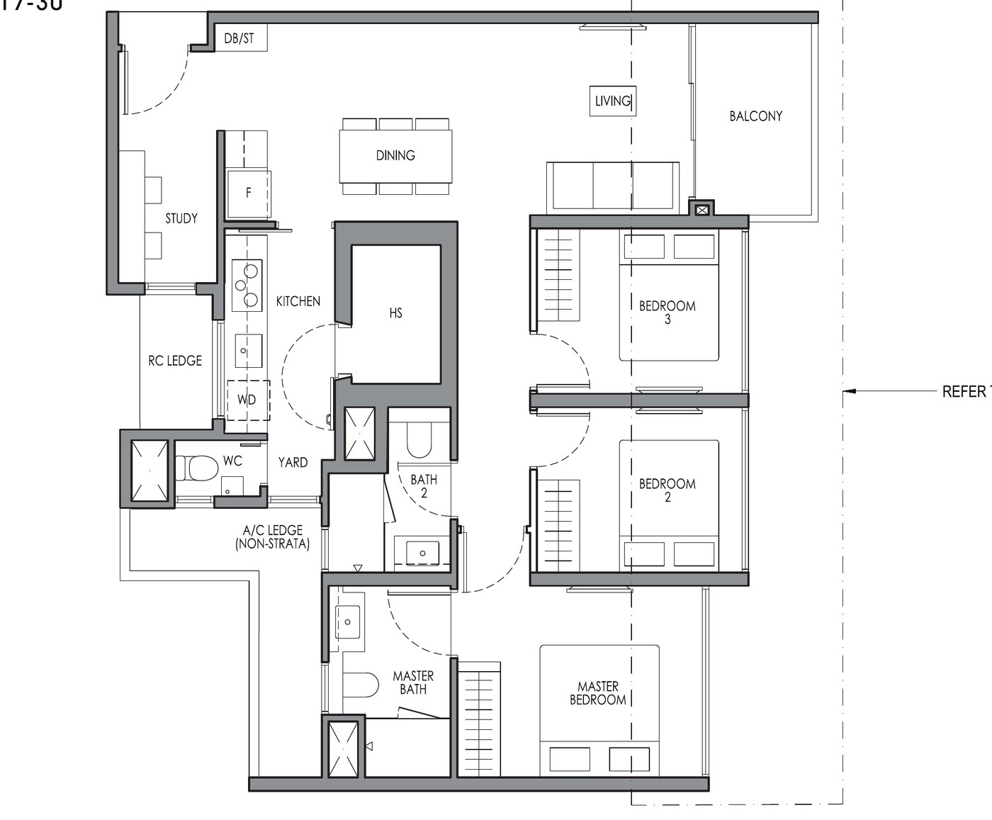 3 Bedroom Premium + Study Type CP3S floor plan — 1,001 sqft