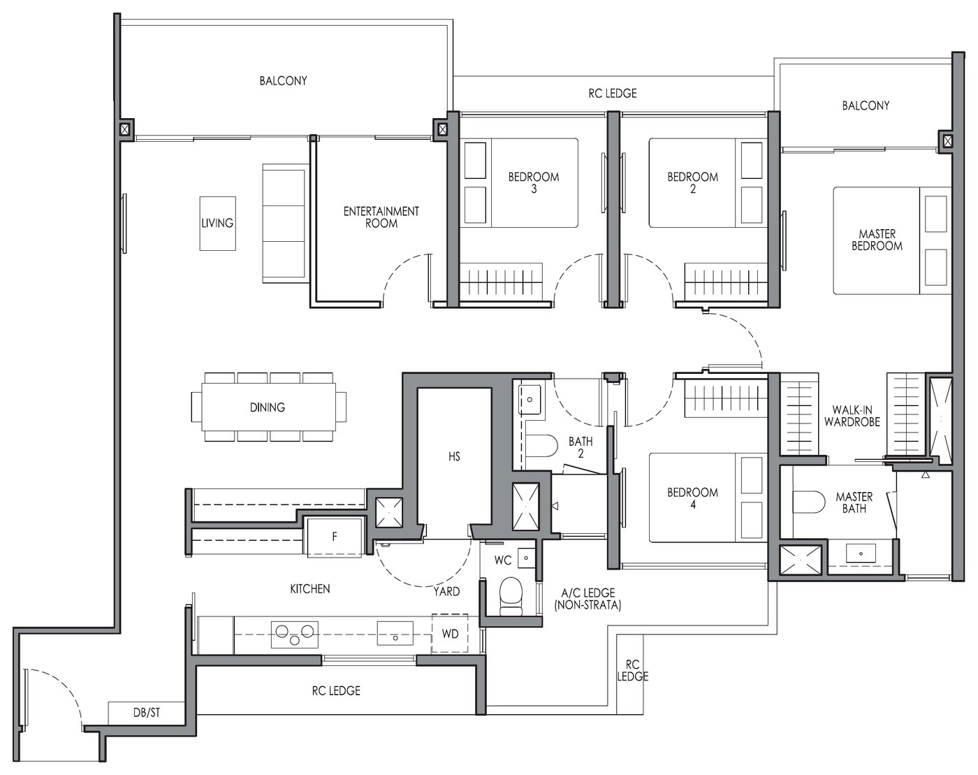 4 Bedroom Premium + Entertainment Type DP1E floor plan — 1,432 sqft